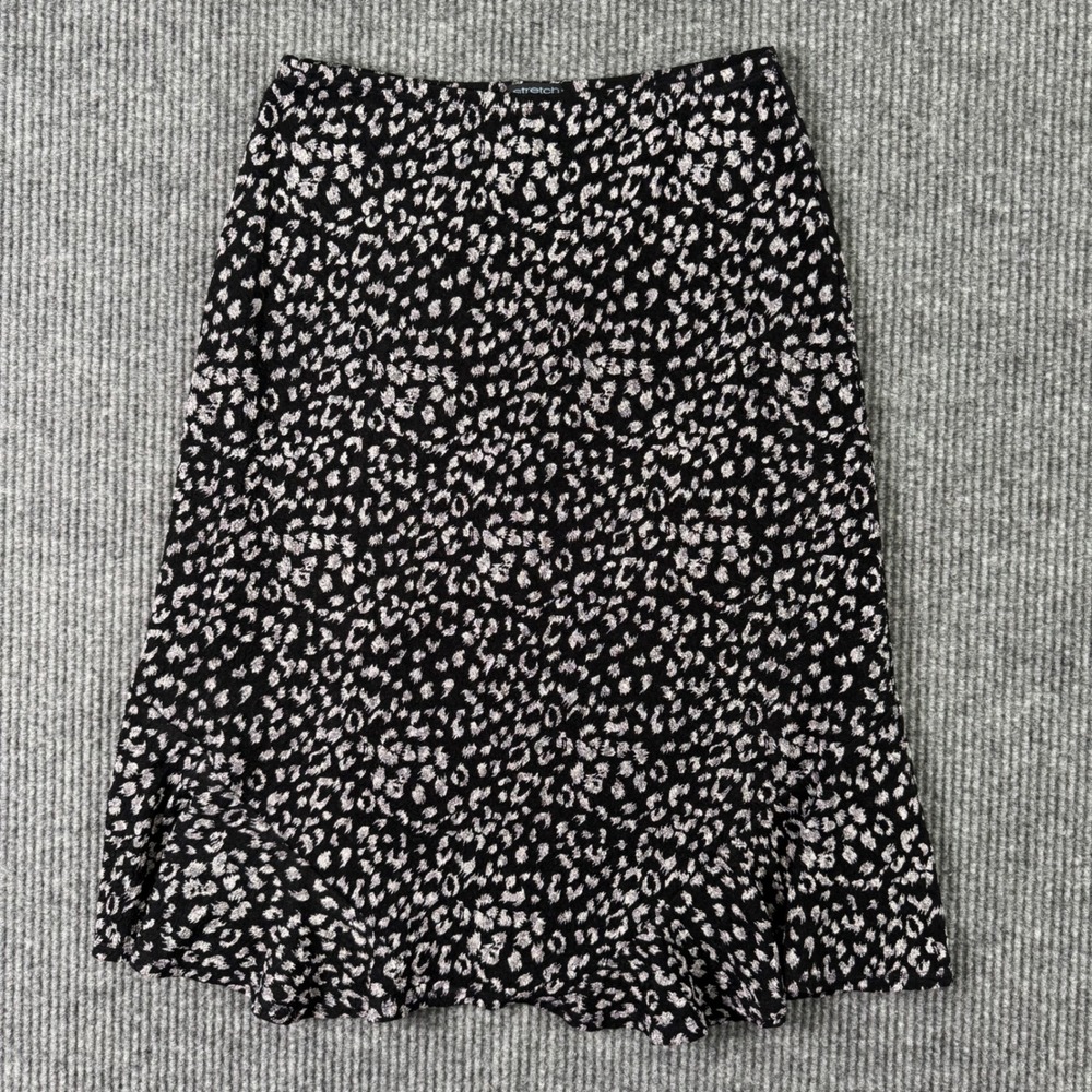 West End Petite Midi Skirt PM Black Animal Print Stretch‎ Y2K Chic Officecore